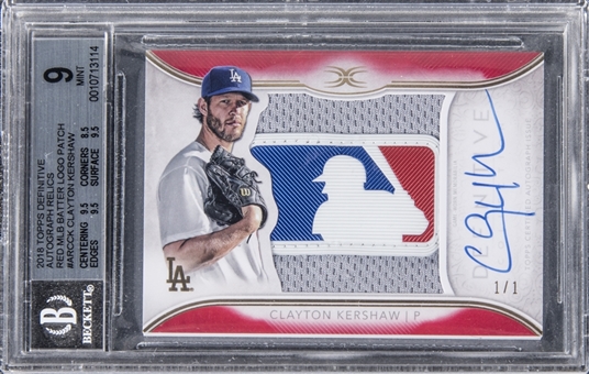 2018 Topps "Definitive Relics" #ARCCK Clayton Kershaw Signed Patch Card (#1/1) – BGS MINT 9/BGS 10